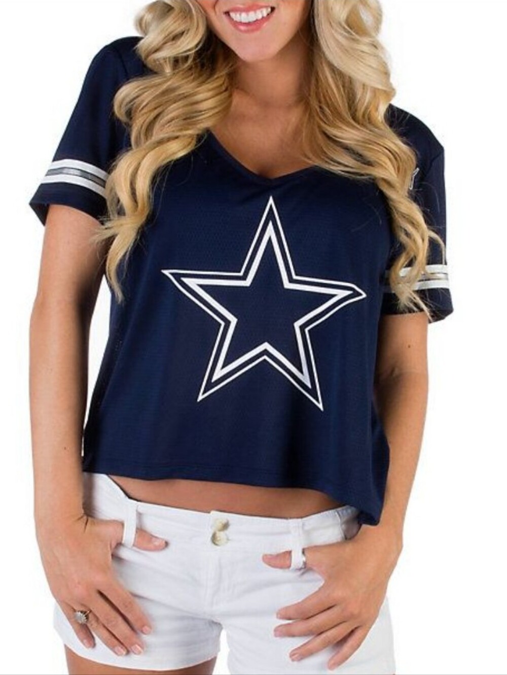 PINK Victoria's Secret Cowboys Navy Cropped V-Neck Football Tee Star
